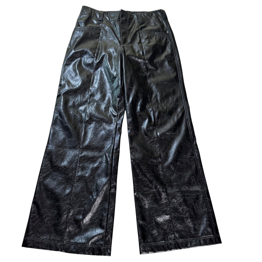 Free People Black Faux Leather Wide Leg Pants High Rise Glossy Trousers Size 10